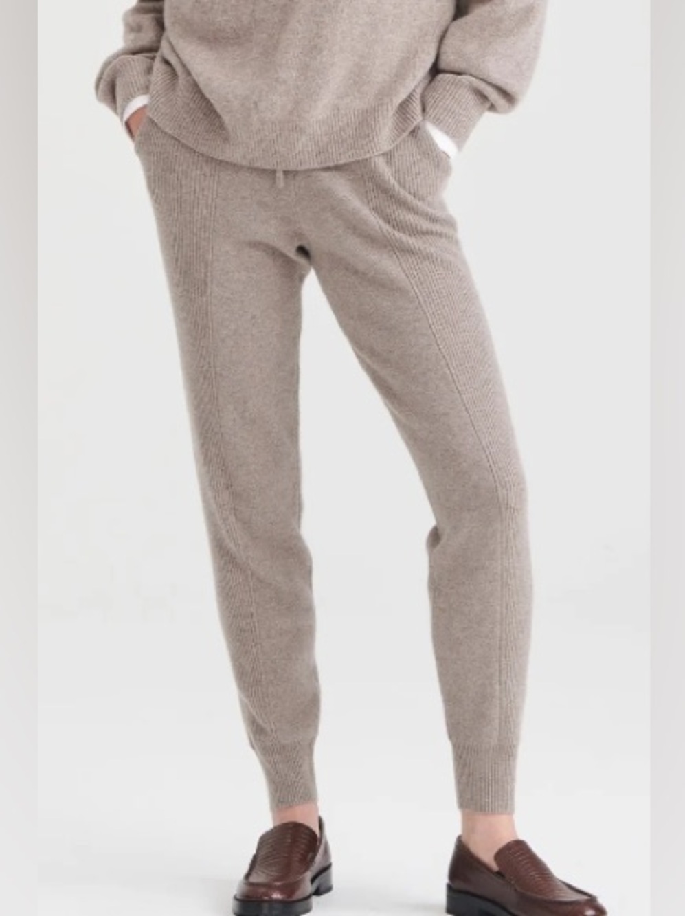 Naadam Merino Cashmere Joggers Pants Ribbed Side Panel Timber Taupe NEW